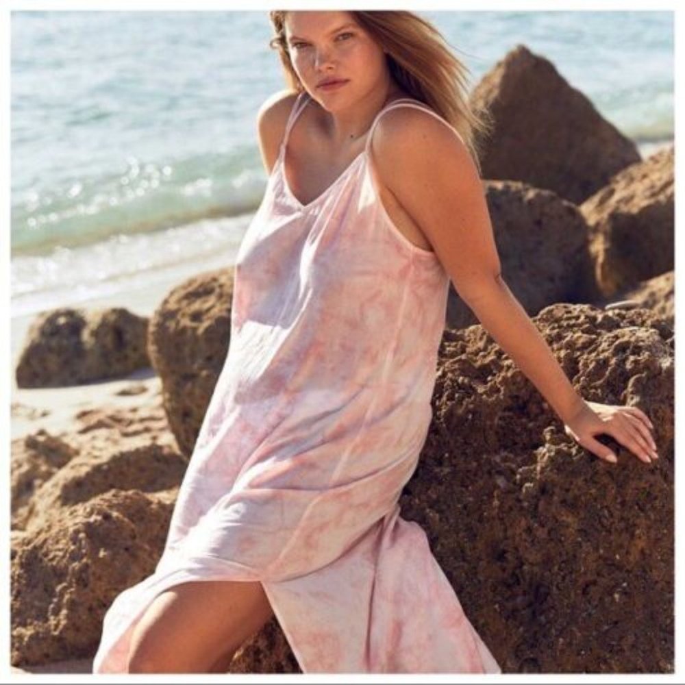 NWT Aerie Tie Dye Sheer Gauze Midi Slip Dress Side Slits Coverup S Peach Orange